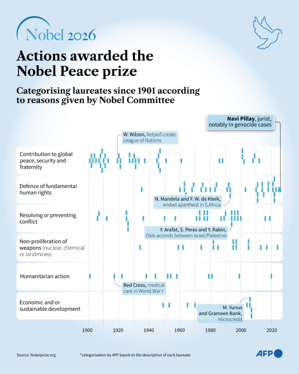 Infographic showing Nobel Peace Prize laureates since 1901 by the reason for the award — Sophie RAMIS, Sylvie HUSSON / AFP