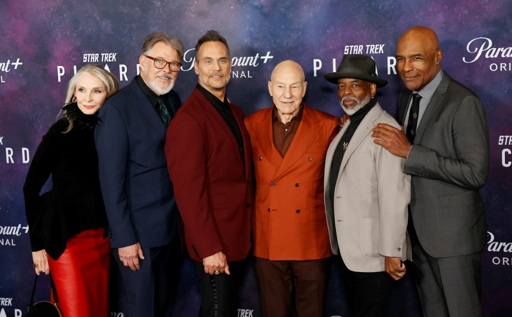Patrick Stewart (C-R) starred with (L-R) actors Gates McFadden, Jonathan Frakes, Todd Stashwick, LeVar Burton and Michael Dorn in 'Star Trek: Picard,' another puting for his indelible character Captain Jean-Luc Picard — Michael Tran / AFP