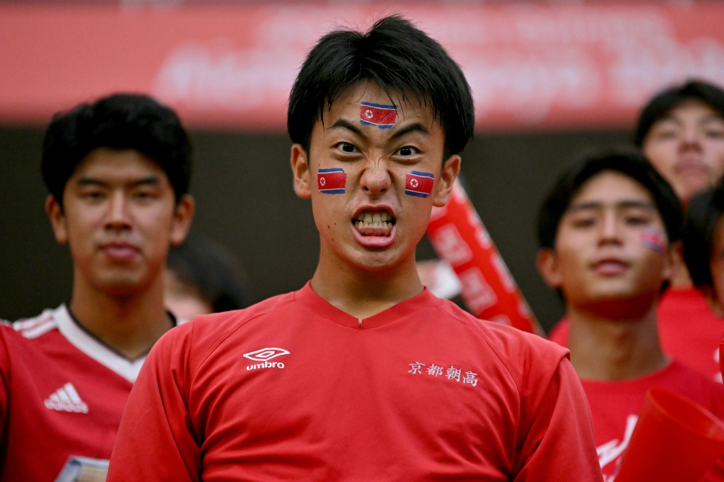 Fans with North Korean flags at the football — MOHD RASFAN / AFP