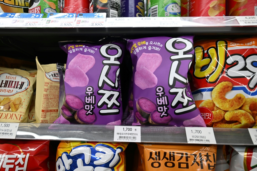 Ube-flavored snacks displayed at a convenience store in Seoul — Jung Yeon-je / AFP