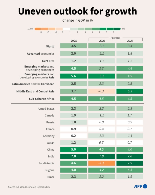 Infographic showing percentage GDP growth for selected economic zones and countries in 2025 and International Monetary Fund (IMF) forecasts for 2026 and 2027 — John SAEKI, Janis LATVELS / AFP