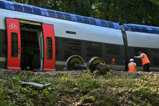 Des agents ferroviaires inspectent le TER qui a déraillé faisant 44 blessés à Cléon, en Seine-Maritime, le 12 septembre 2026 — Guillaume SALIGOT / AFP