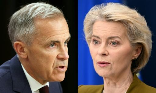 Combinaison d'images réalisée le 15 septembre 2026 du Premier ministre canadien Mark Carney, à gauche et de la présidente de la Commission européenne, Ursula von der Leyen — Dave Chan, Nicolas TUCAT / AFP