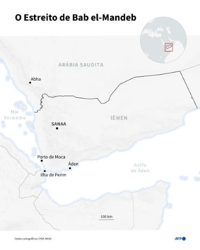 Mapa do Iêmen e do Estreito de Bab el-Mandeb localizando a ilha de Perim, o porto de Moca, Áden e a cidade saudita de Abha. — Paz PIZARRO, Sylvie HUSSON, Sabrina BLANCHARD / AFP