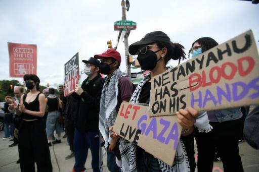 Pro-Palestinian protesters rally near Lincoln Financial Field ahead of Ed Sheeran's first concert since controversy over the Israel-Palestine conflict enveloped his tour — Matthew Hatcher / AFP
