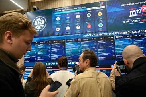 Periodistas observan las pantallas que muestran los resultados preliminares de las elecciones parlamentarias de Rusia en la sede de la Comisión Electoral en Moscú, el 20 de septiembre de 2026 — Alexander NEMENOV / AFP