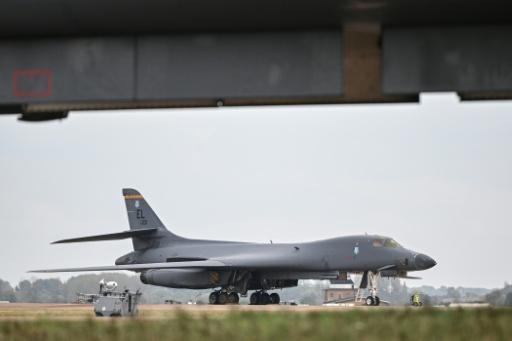 A US Air Force B-1 Lancer bomber is pictured on the tarmac at RAF Fairford base which has been used by the US military in its war on Iran — JUSTIN TALLIS / AFP