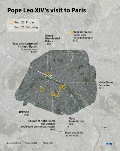 A map of central Paris showing the venues for Pope Leo XIV's visit to the French capital on September 25-26 — Jonathan WALTER, Omar KAMAL / AFP