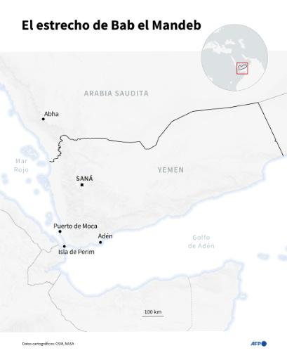 Mapa de Yemen y del estrecho de Bab el Mandeb localizando la isla de Perim, el puerto de Moca, el de Adén y la ciudad saudita de Abha — Paz PIZARRO, Sylvie HUSSON, Sabrina BLANCHARD / AFP