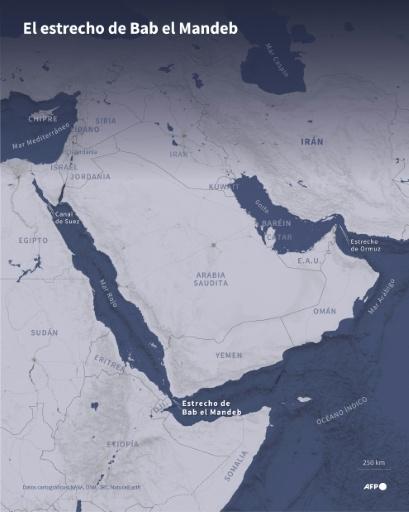 Mapa de la península arábiga que muestra el estrecho de Bab el Mandeb, uno de los pasos más importantes para el tráfico marítimo mundial — Valentin RAKOVSKY, Sabrina BLANCHARD / AFP