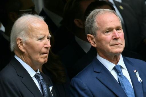 Former US presidents Joe Biden (L) and George W. Bush attend the 25th anniversary commemoration of the September 11, 2001 attacks in New York -- and come in for criticism from relatives of the victims — ANGELA WEISS / AFP